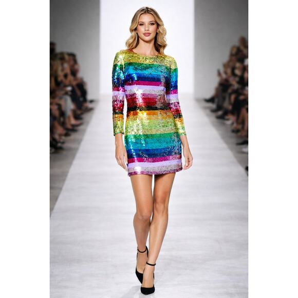 Mac Duggal Dresses & Skirts - Mac Duggal Rainbow Sequin Mini Long Sleeve Dress Fun Pride size 6